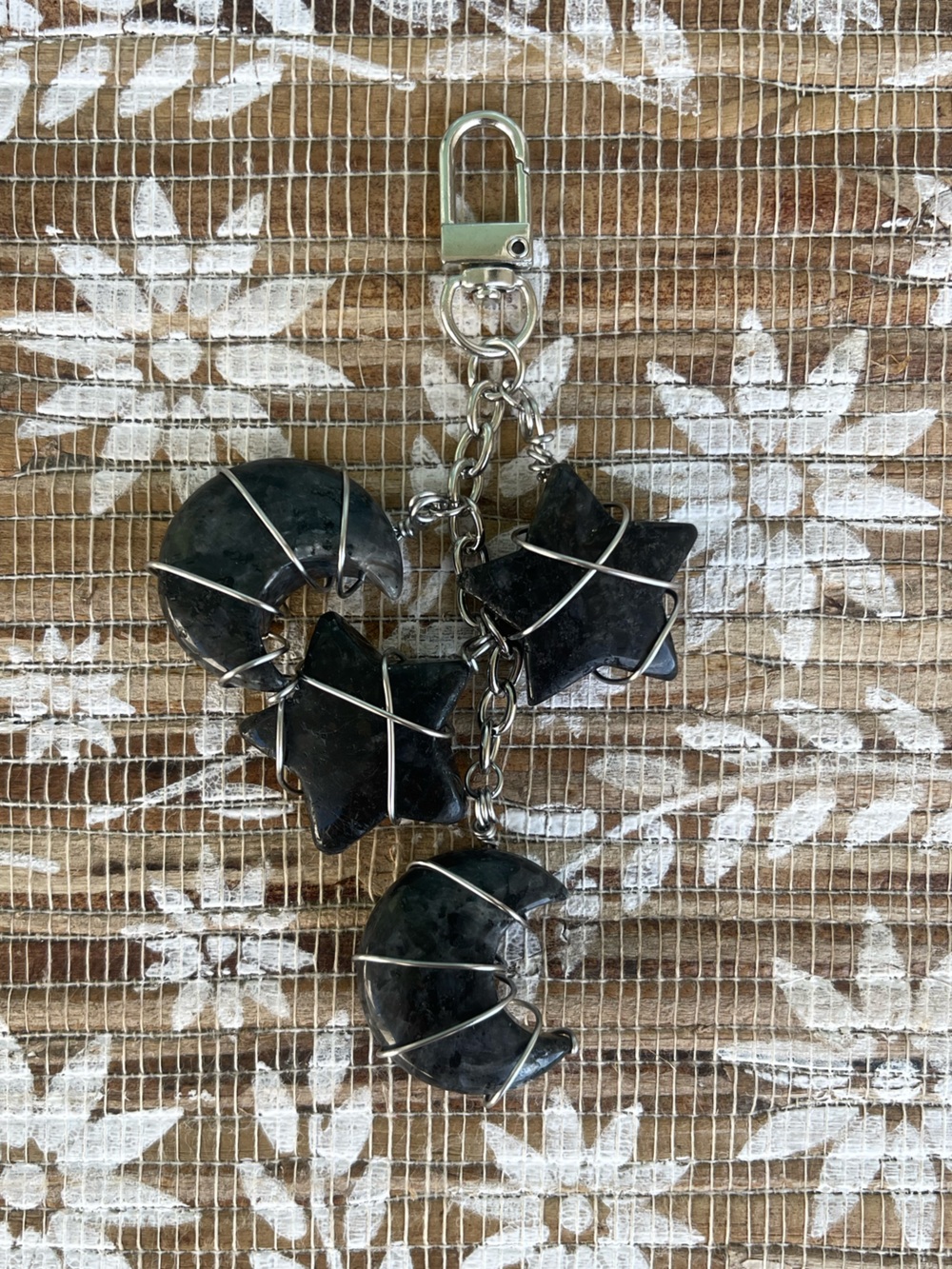 Larvikite Black Moon & Star Cluster Bag Charm Silver Stainless Steel - Picture 2 of 2